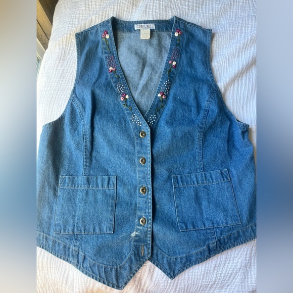 VTG 90s Pink & White Floral Embroidered Jean Vest • Cherokee brand • size Medium - Picture 5 of 7